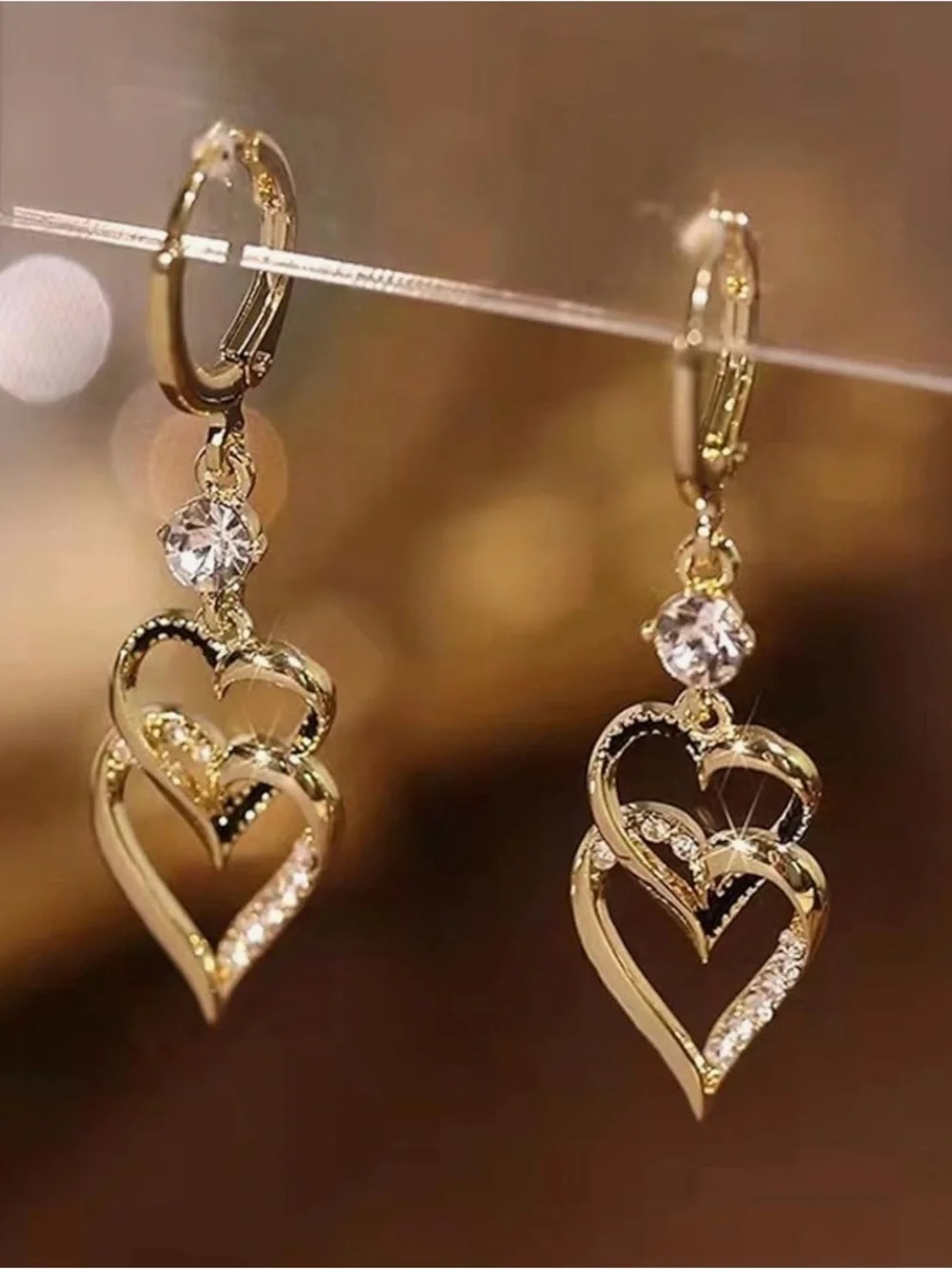 Delicate Gold Double-Heart Drop Earrings with Crystal Accents